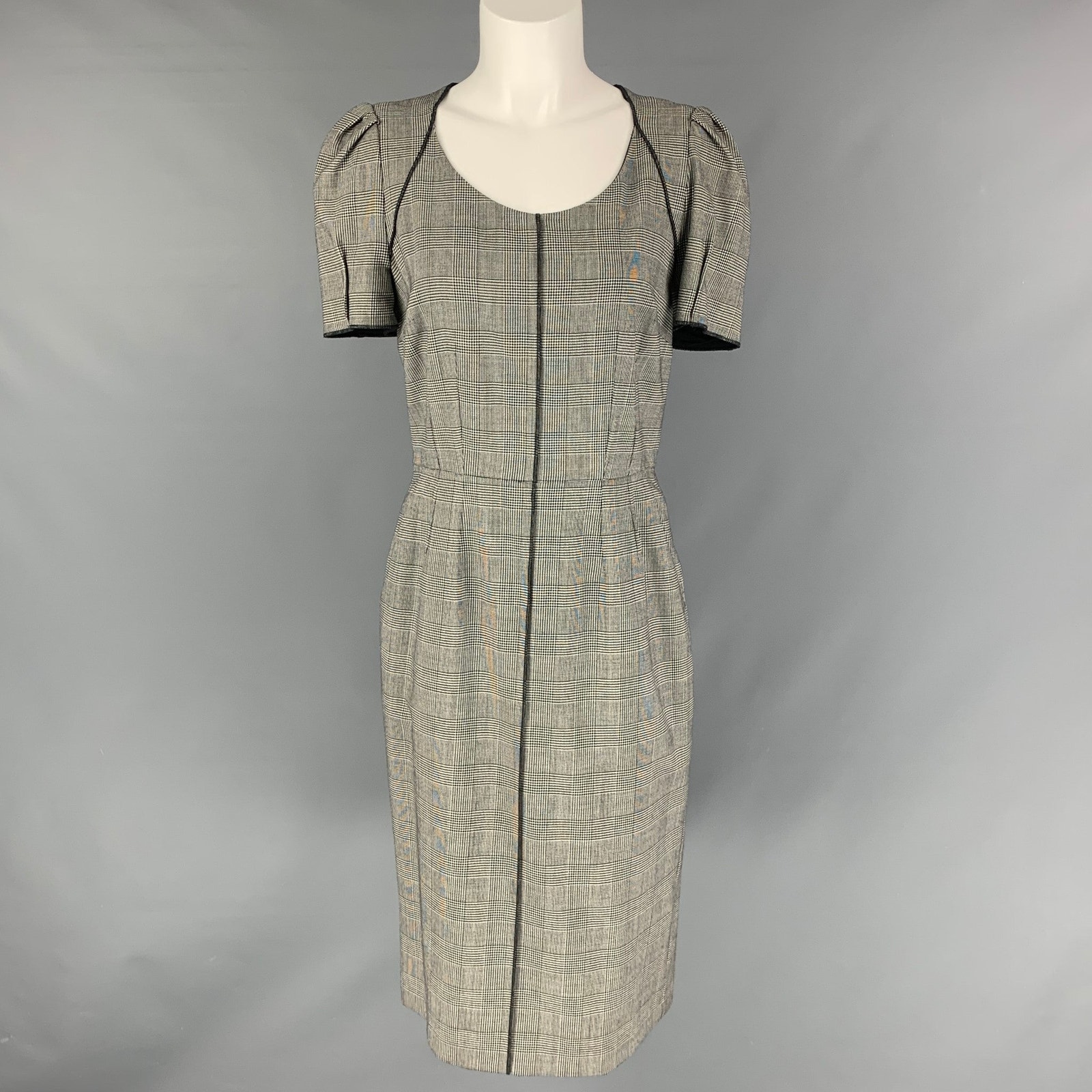 Dolce & Gabbana 8 Black & White Wool & Elastane Glen Plaid Short Sleeve Dress